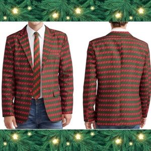 🌲Dec 25th red green herringbone Christmas holiday jacket XL